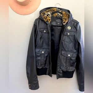 Obey womens leather bomber jacket with leopard fur lining in hood